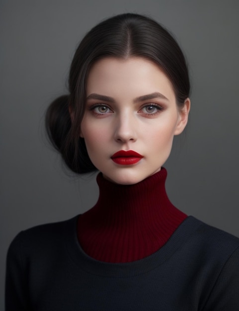 a woman with red lips and a black sweater with a red shirt underneath.