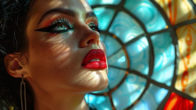 a woman with red lips and a blue eyeshadow is posing for a photo