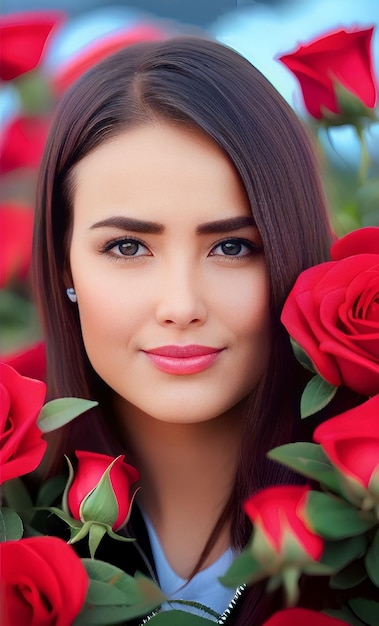 A woman with red lips and a bunch of roses