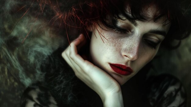 Woman with red lips in a contemplative pose