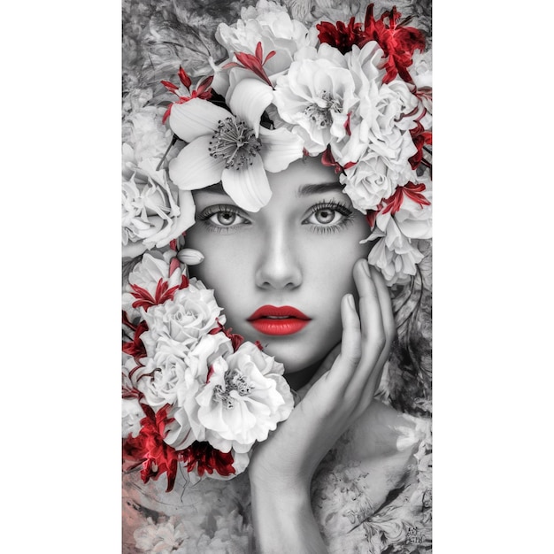 Photo a woman with a red lips and a flower in her hair