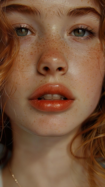 a woman with red lips and freckles on her face