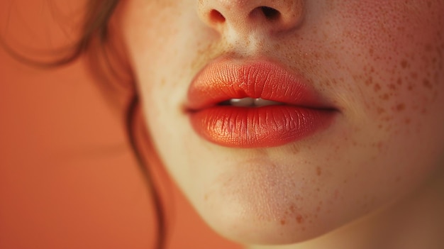 a woman with red lips and freckles on her lips