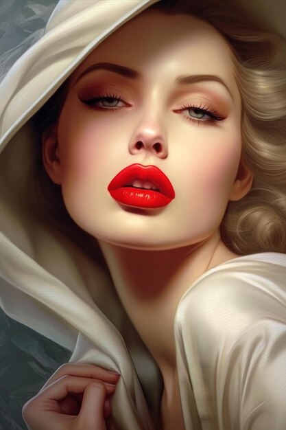 A woman with red lips and a hood.