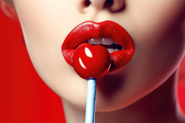 A woman with red lips and a lollipop in her mouth