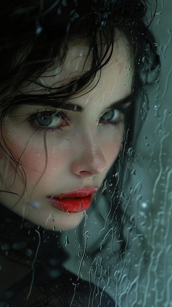 a woman with a red lips looks out of a window