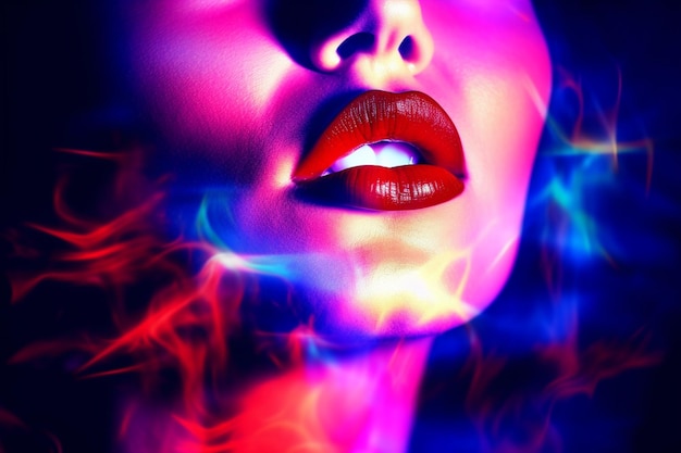 A woman with red lips and a neon glow on her face