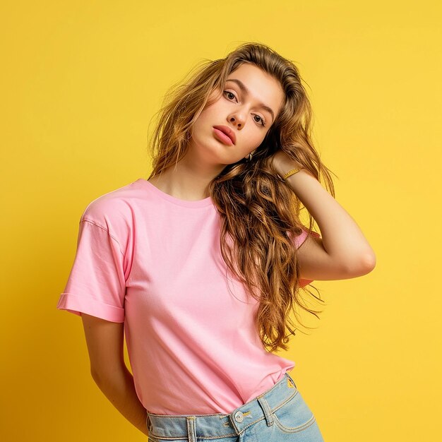 Photo a woman with red lips and a pink shirt that says  shes wearing a pink shirt