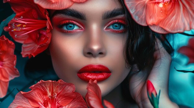 Photo a woman with red lips and a red flower on her face