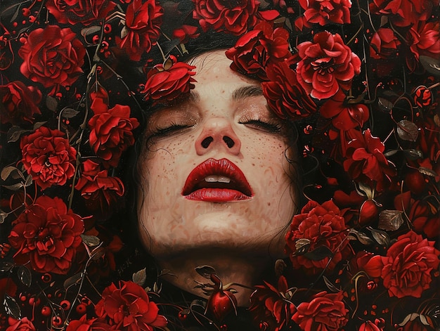 a woman with red lips and a red flower in the middle