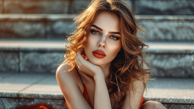 Photo a woman with red lips and a red lip