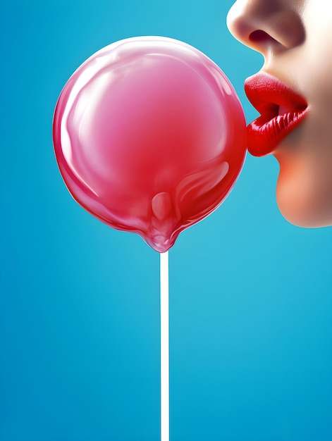 A woman with red lips and red lips is blowing a red bubble gum