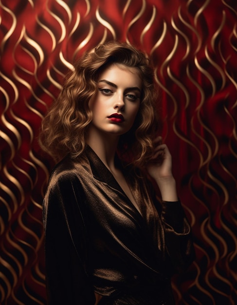 A woman with red lips stands in front of a red wall with gold flames behind her.