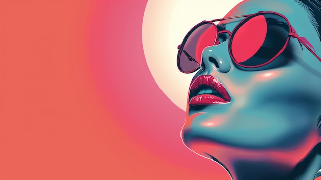 Photo a woman with red lips and sunglasses looks up at the sun