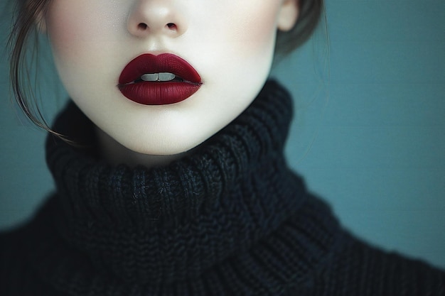 a woman with red lips wearing a black sweater