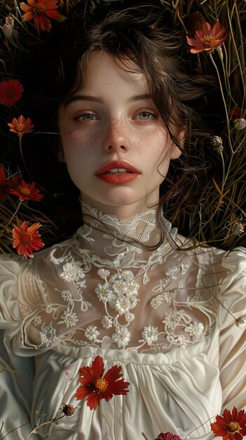 a woman with red lips and a white dress with flowers in the background