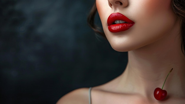 a woman with red lipstick and a black background