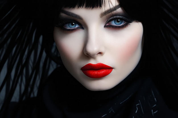 Woman with red lipstick and black hair with black background Generative AI