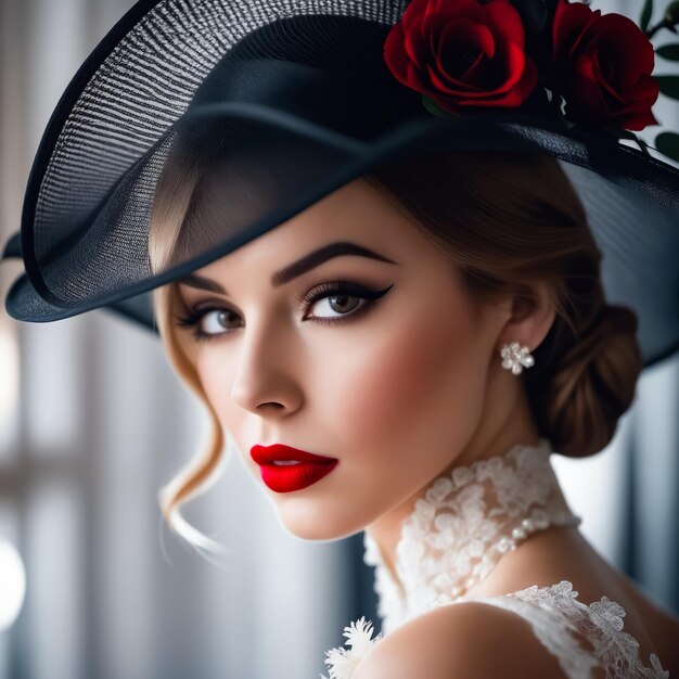 A woman with red lipstick and a black hat