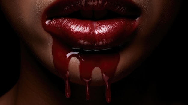 A woman with red lipstick dripping down her lips