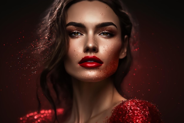 Photo a woman with red lipstick and glitter on her face