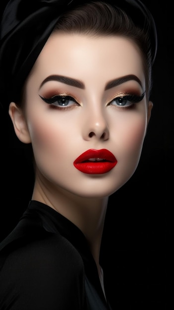 A woman with red lipstick and gold eye makeup