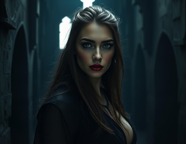 a woman with a red lipstick on her face is standing in a dark room