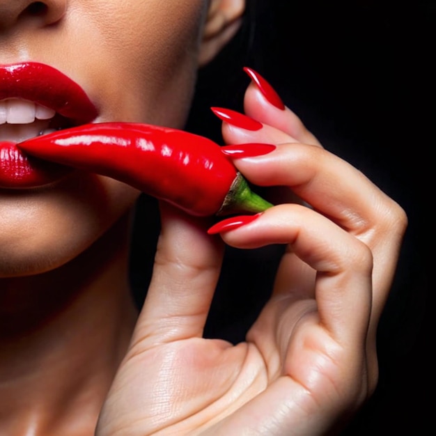 a woman with red lipstick on her nails is holding a red pepper