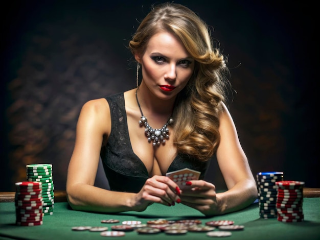 a woman with a red lipstick is sitting at a poker table