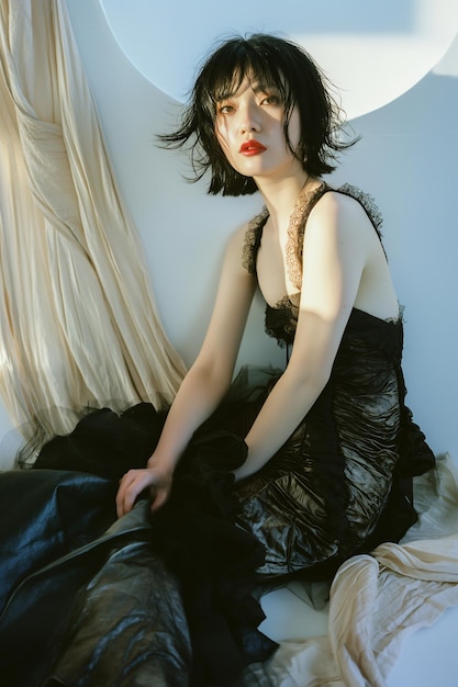 a woman with a red lipstick sits in a chair