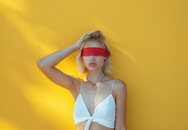 Photo a woman with a red mask covering her eyes with a red paper over her eyes