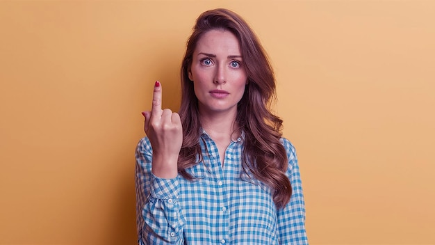 Photo a woman with a red nail polish on her right hand is pointing at the camera