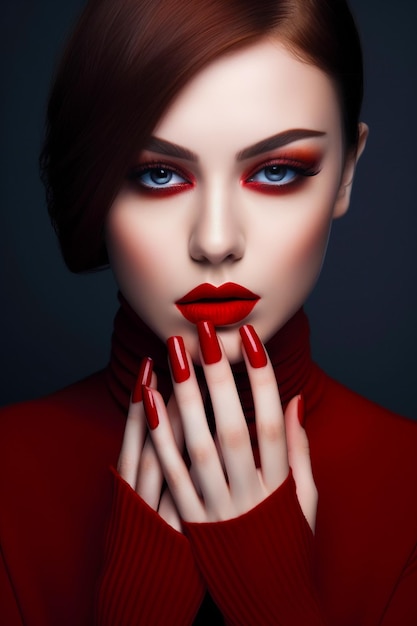 Woman with red nails and red dress with red lipstick on her face Generative AI