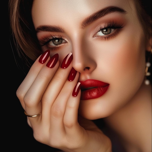 a woman with red nails and a red manicure is posing for a photo