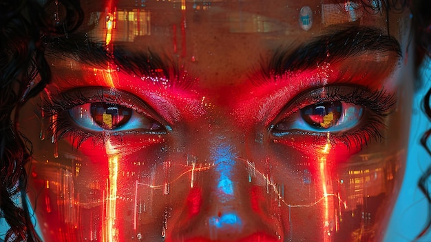 a woman with a red and orange eyes and a red light