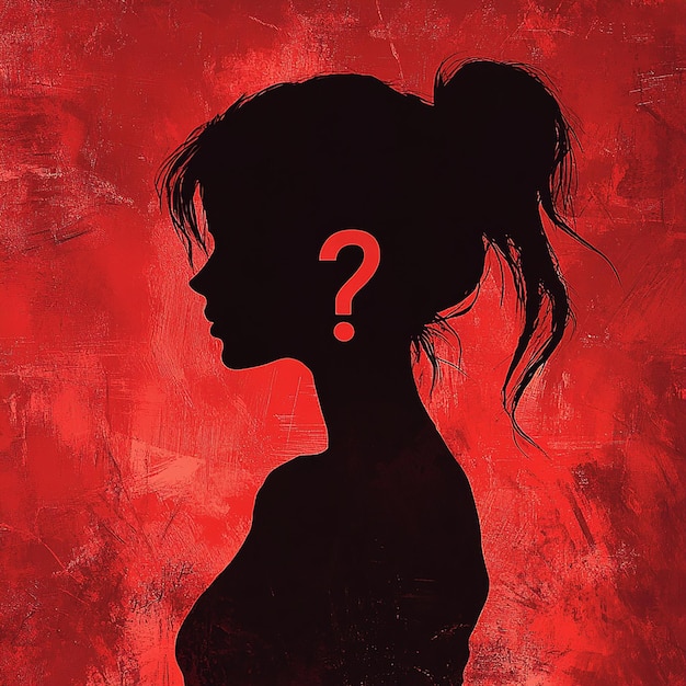 Photo a woman with a red question mark on her face is shown in front of a red background