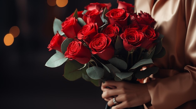 woman with red rose bouquet bokeh Valentines day