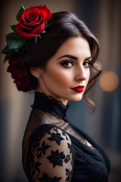 A woman with a red rose in her hair and a red lipstick