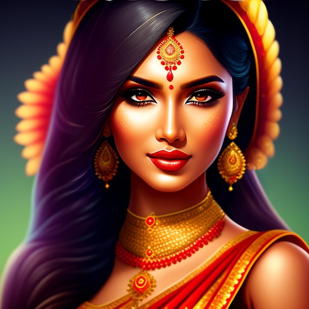 A woman with a red saree and gold jewelry is looking at the camera.