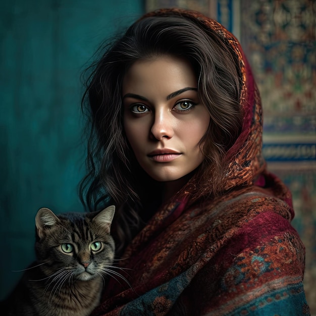 A woman with a red scarf and a cat