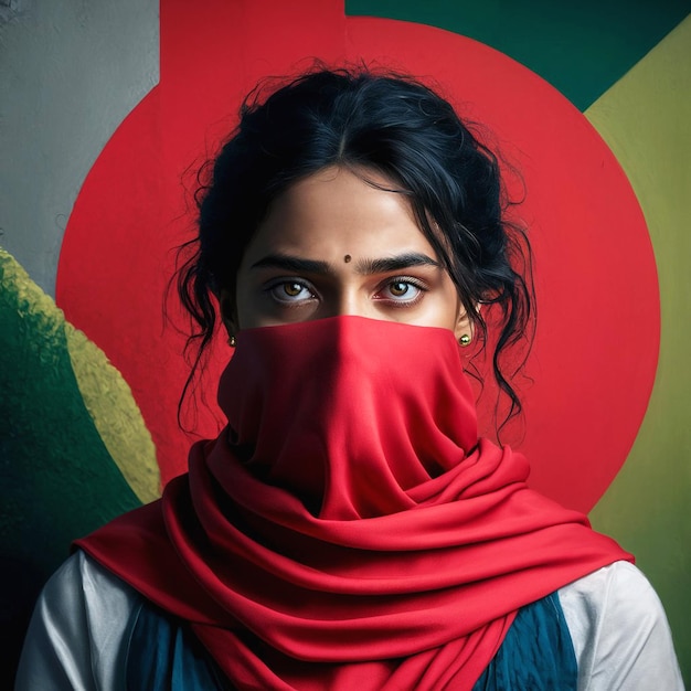 Woman with a red scarf covering her face