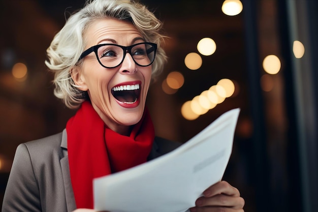 Photo a woman with a red scarf is holding a letter that says quot happy people quot