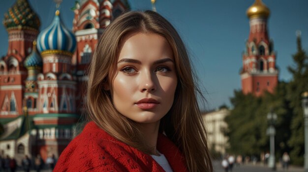 Photo a woman with a red scarf is standing in front of a building