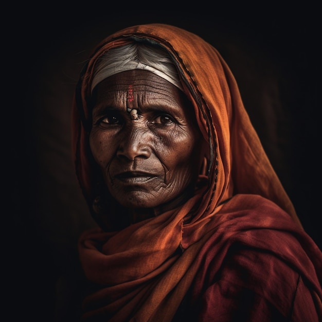 A woman with a red scarf and a red scarf