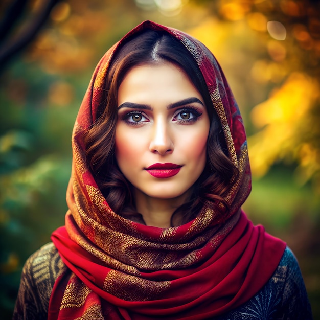 a woman with a red scarf that says the word on it