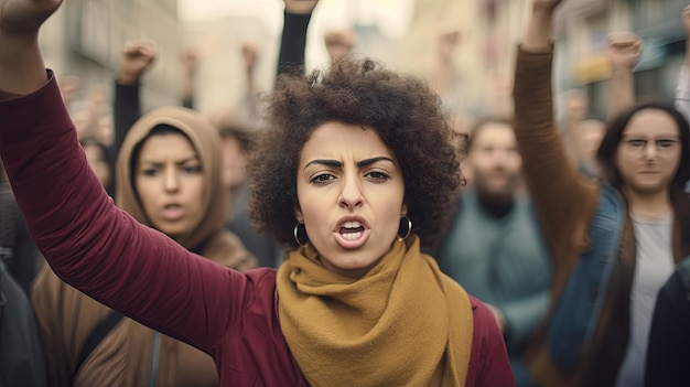 Photo a woman with a red shirt on her head is shouting in front of a crowd of people