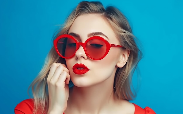 A woman with red sunglasses on and a red dress.