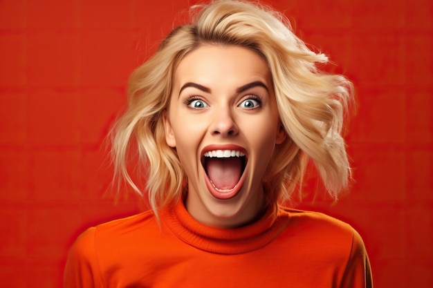 A woman with a red sweater and a big smile on her face