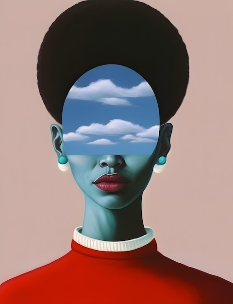 A woman with a red sweater and a blue sky in her eyes is shown with clouds in the sky.