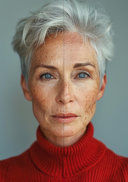 Photo a woman with a red sweater and a reflection of her face